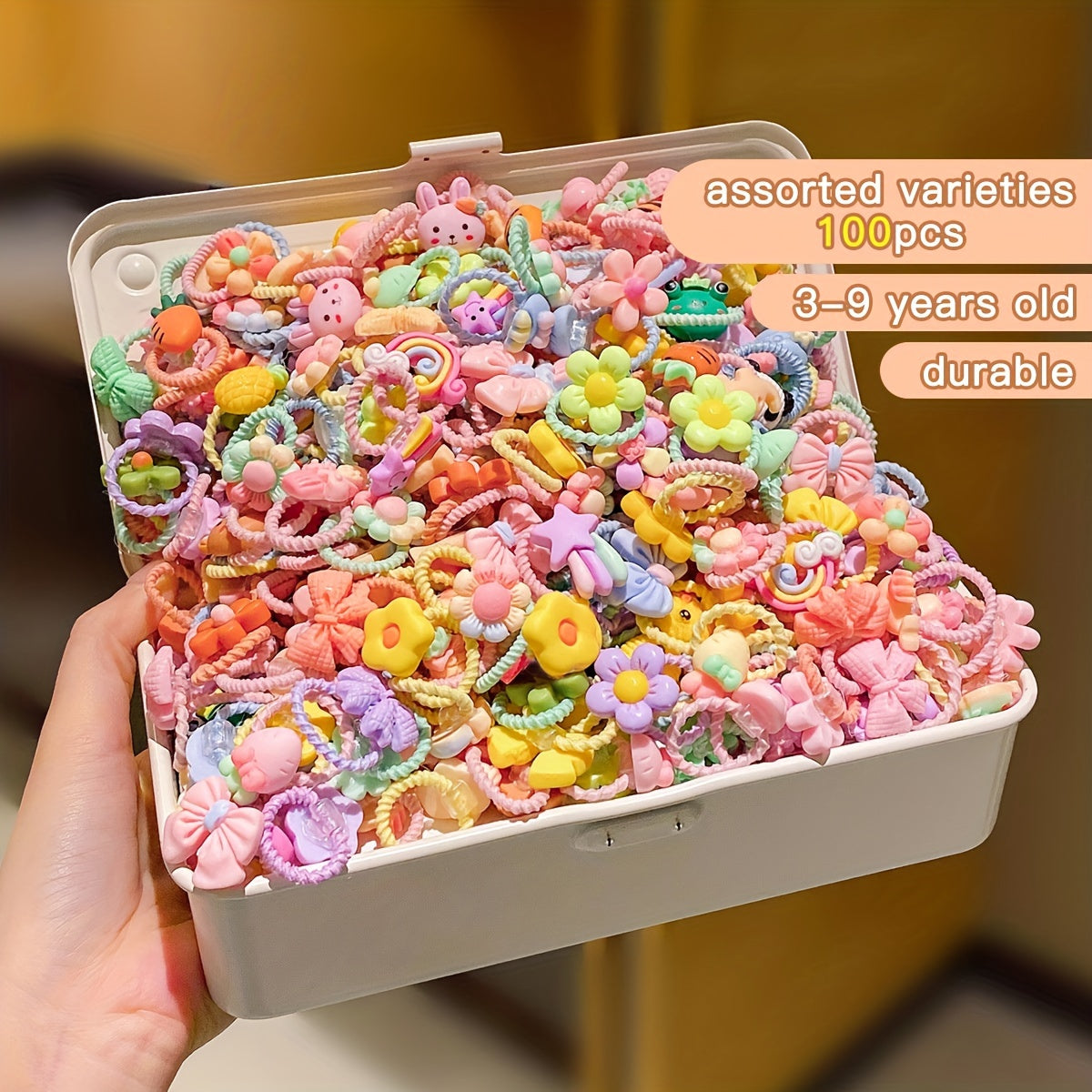 Anillos de pelo con hilos de dibujos animados coloridos para niños de 3 a 14 años, accesorios de resina, paquete de 100