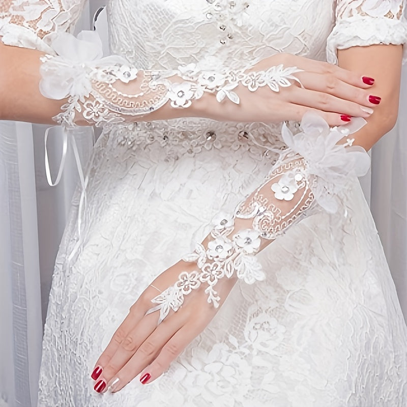 Guantes de encaje para novia con diseño floral calado para vestido de boda y noche