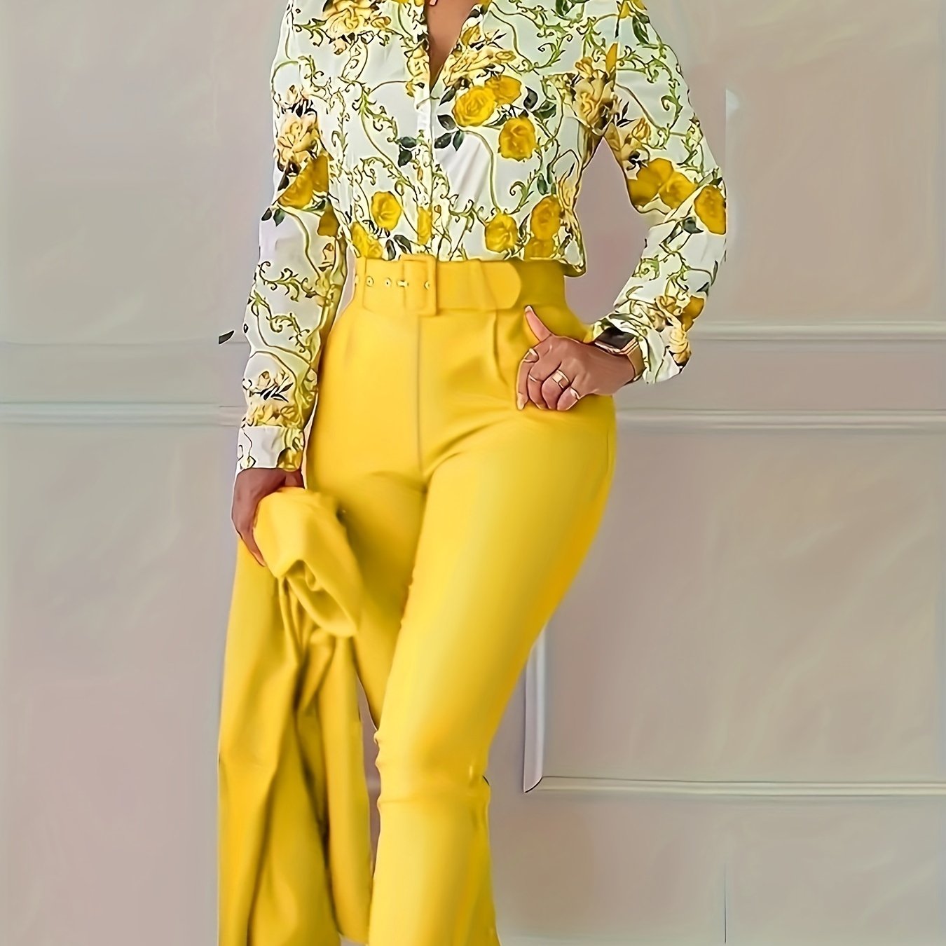Women's Floral V Neck Blouse and Belted Tapered Pants Set Spring Summer Polyester