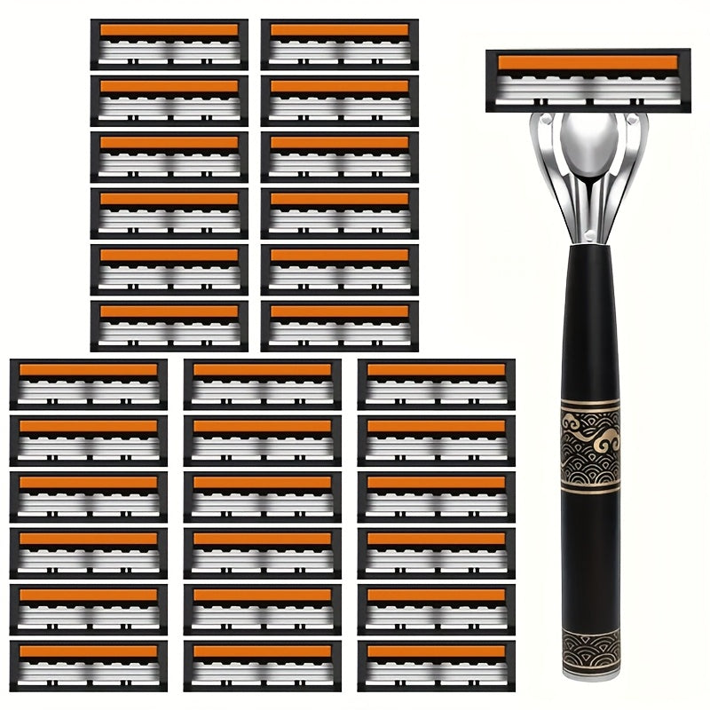 Juego de maquinillas de afeitar manual de acero inoxidable de 3 capas para hombres con hojas de repuesto