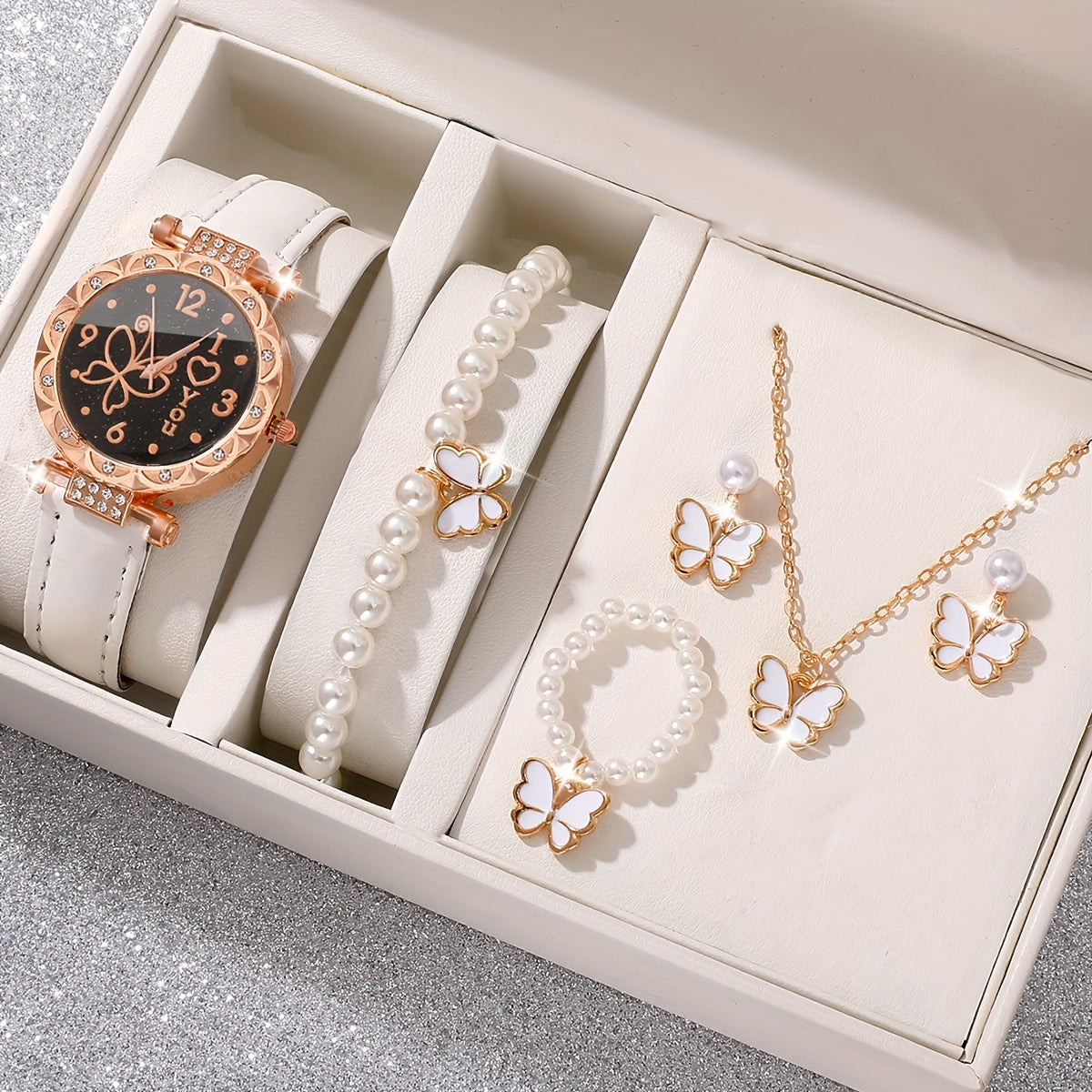 Women's Butterfly Quartz Watch and Jewelry Set with Faux Leather Strap and Zinc Alloy Case