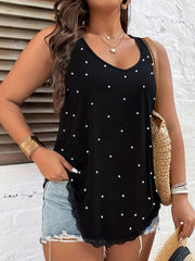 Plus Size Women's V-Neck Pearl Embellished Sleeveless Tank Top Black Summer Casual