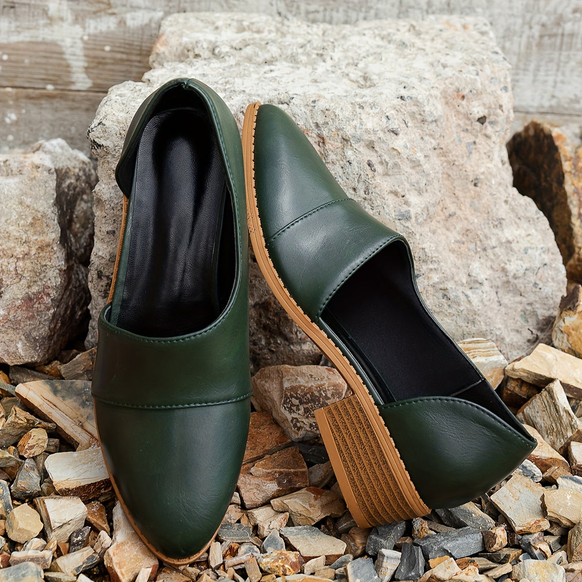 Women's Patchwork Low Heel Pumps with Chunky Heel and Side Cutouts