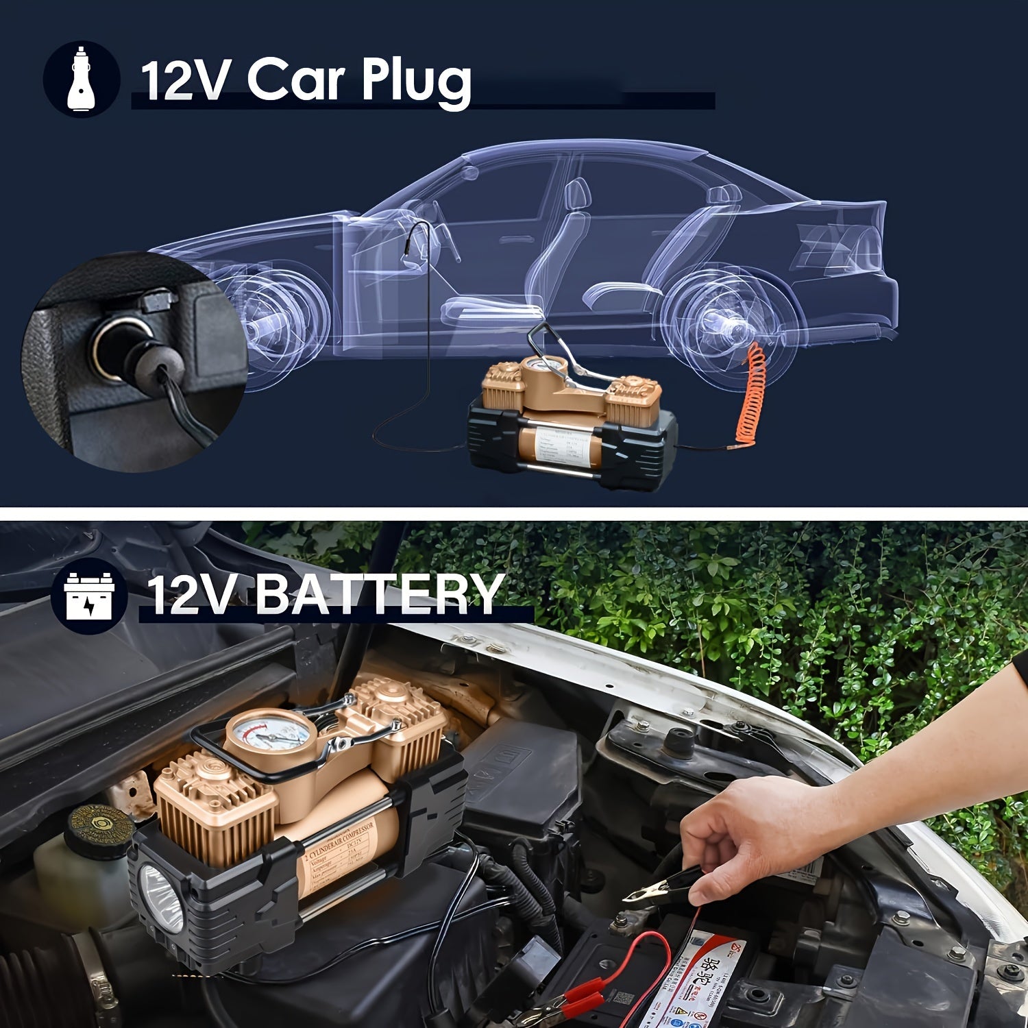Meshuba Og'ir Vaznli 12V Ikki Silindrli Havo Kompressori, Aniq O'lchov va Favqulodda Chiroq bilan - Avtomobillar, Velosipedlar, SUVlar uchun Portativ Shina Inflatori - Shlang, Klamp, Ignalar, Olib Yurish Sumkasi bilan birga.