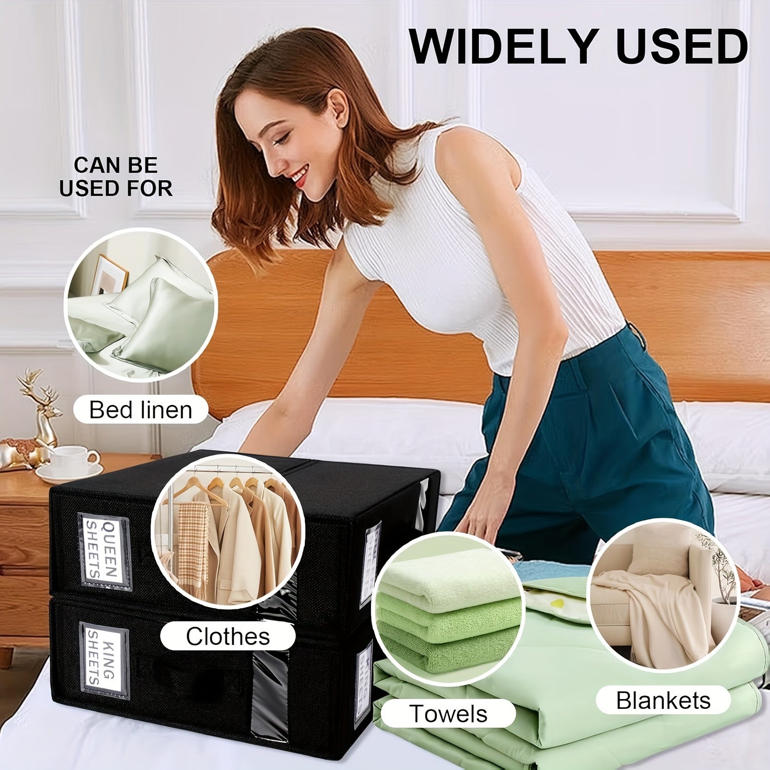 Black King Size Bed Sheet Organizer with Handle for Linen Closet