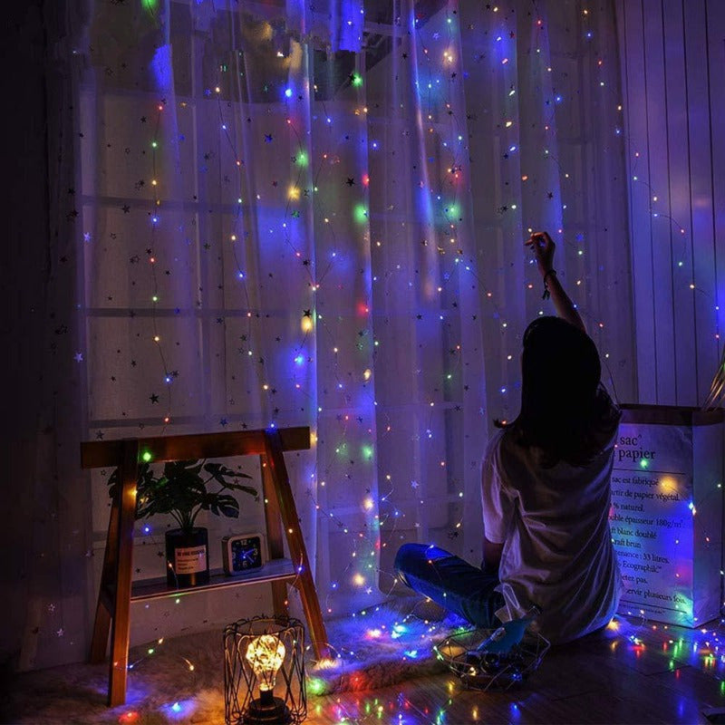 Luces de cortina LED de 300 con mando a distancia, 8 modos, luces de hadas coloridas para decoración del hogar