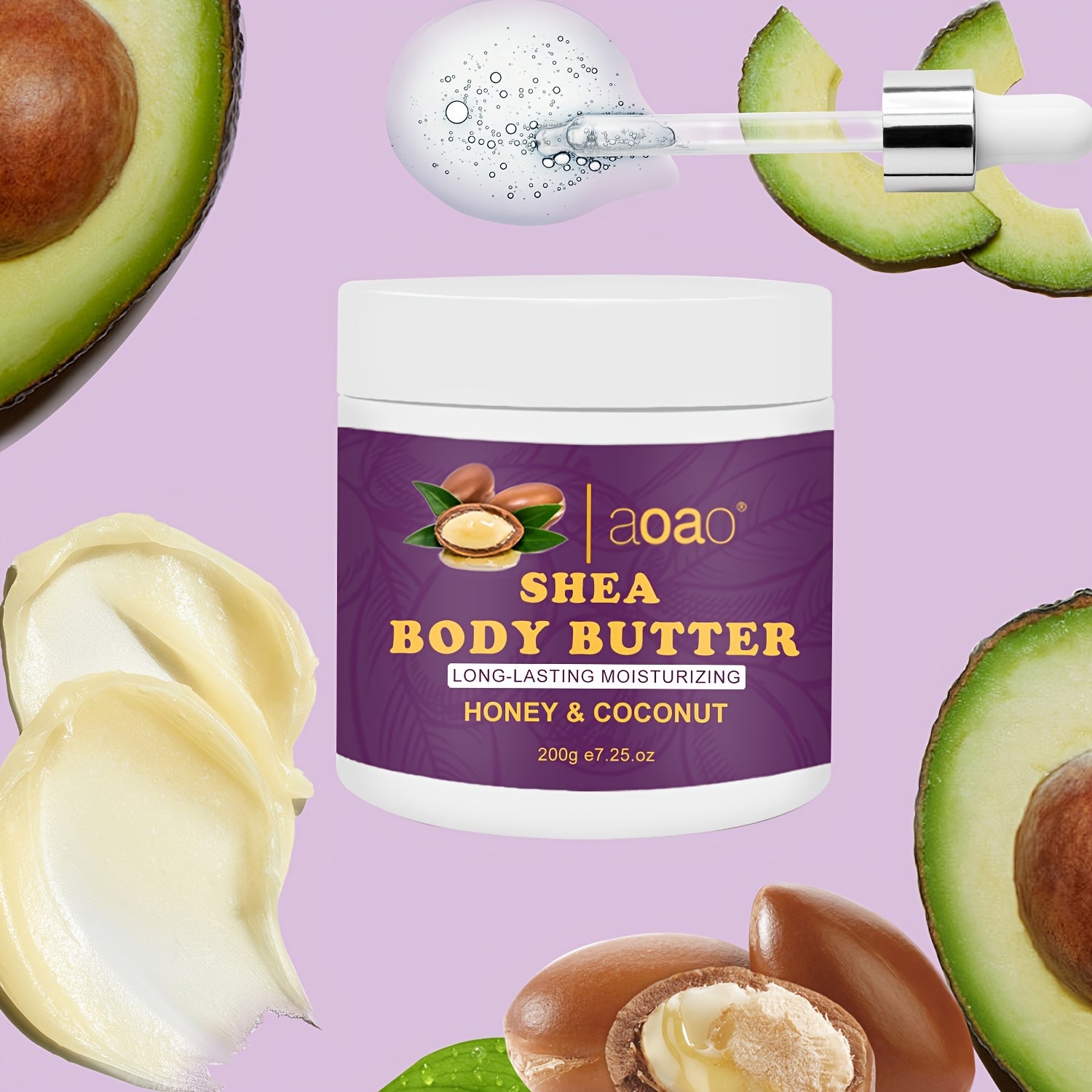 Aoao Shea Body Butter kokos yog'i va E vitamini bilan - Gipoallergen, barcha teri turlari uchun namlovchi krem, silliq va porloq teri uchun tabiiy ingredientlar