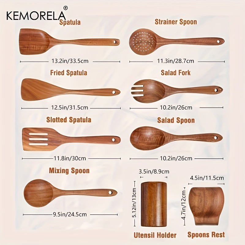 Set of 9 Teak Wood Kitchen Utensils with Utensil Holder and Spoon Rest