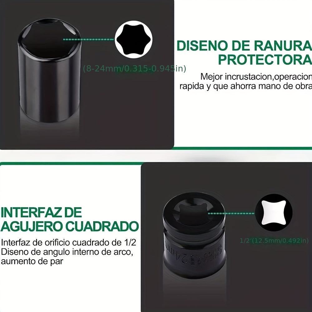 20PCS Heavy Duty Hex Impact Wrench Socket Set 8-32mm Black 1/2 Inch