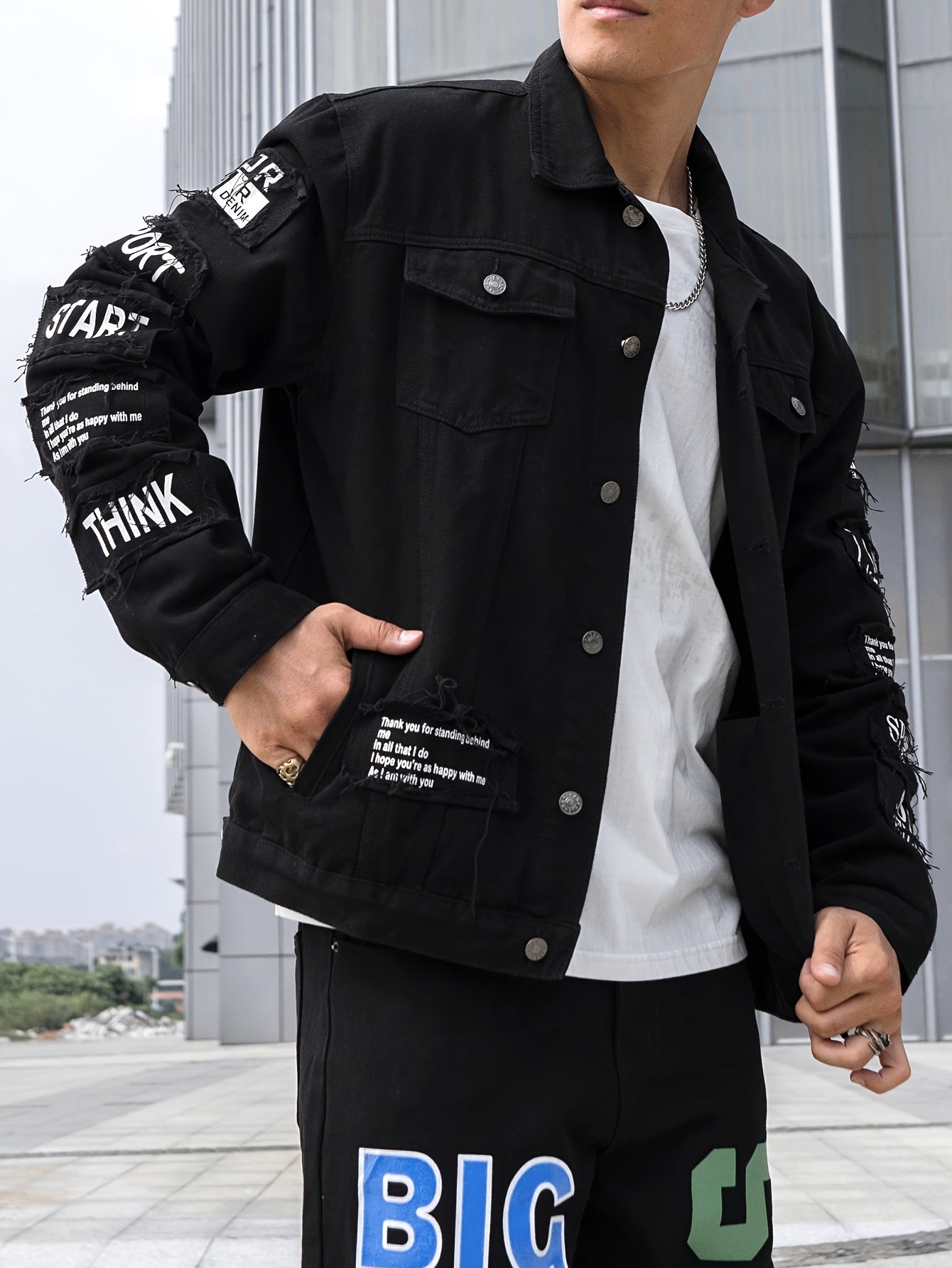 Мужская джинсовая куртка из хлопка с длинными рукавами, повседневный стиль, алфавитный узор, с карманом