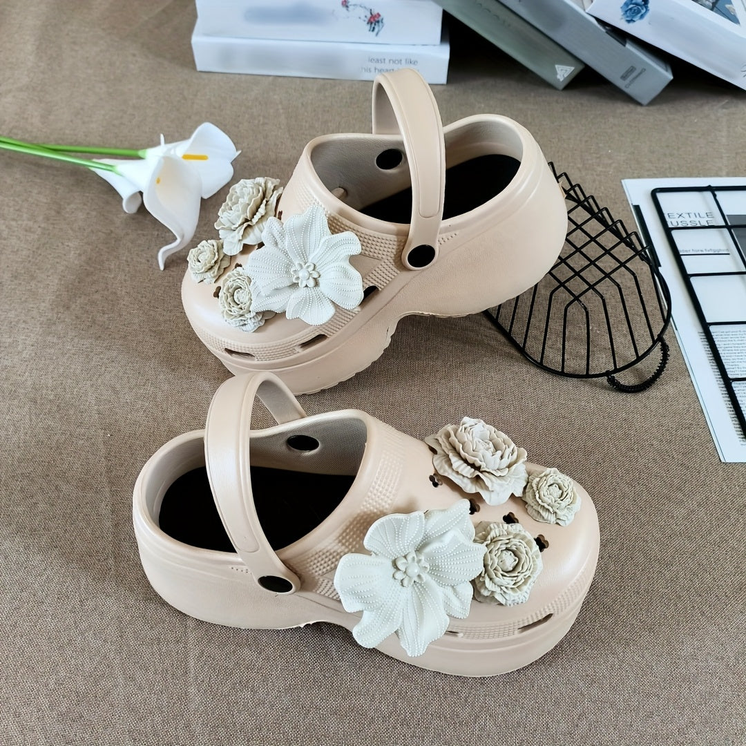 Women Floral Mule Shoes White Black Accents Non-Slip EVA Comfortable