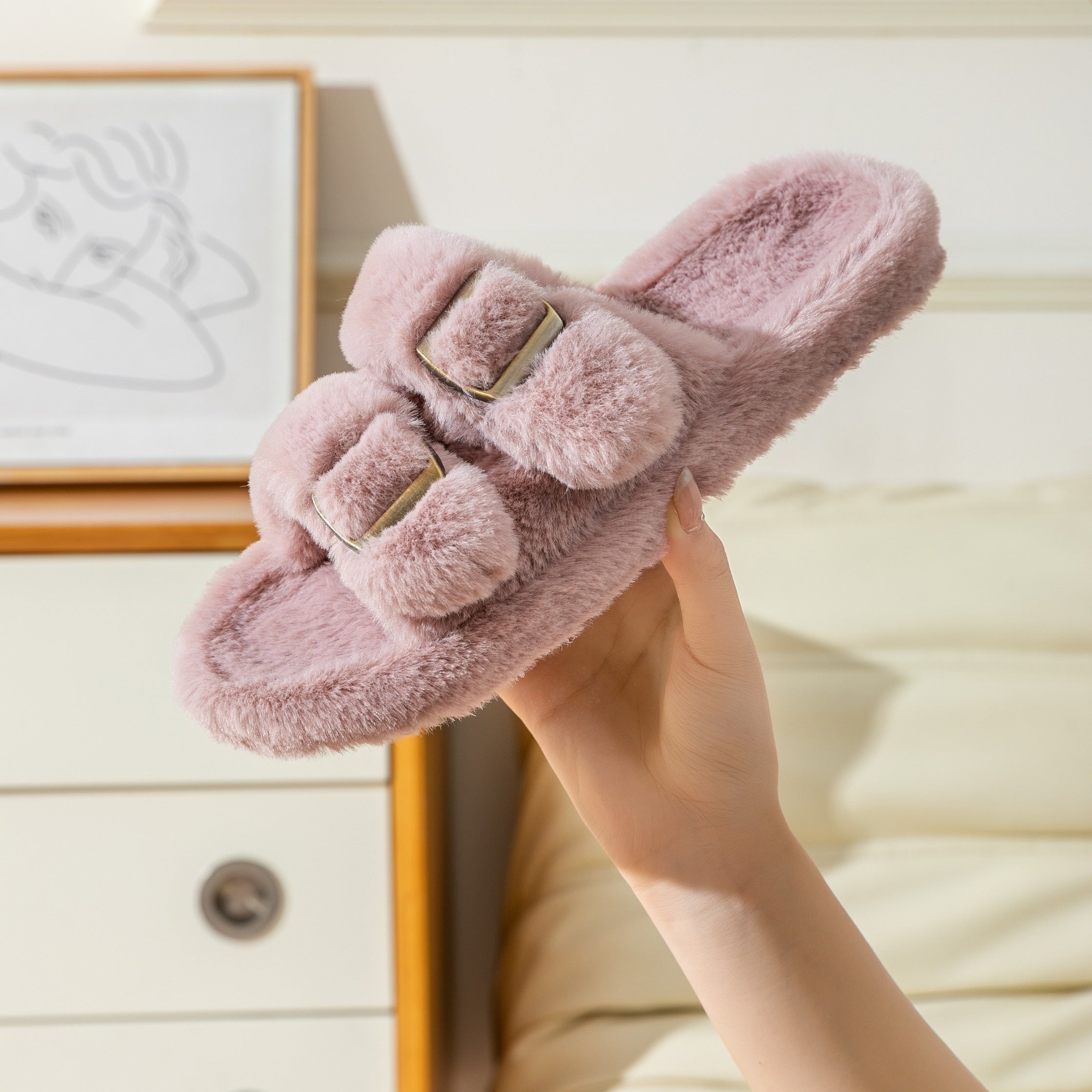 Women's Soft Fabric Slip-On Slippers with Double Buckle, Indoor Outdoor, Black Light Blue