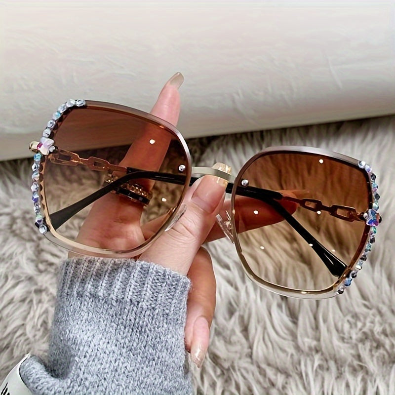 Women's Rimless Rhinestone Decor Gradient Glasses for Summer Beach Party