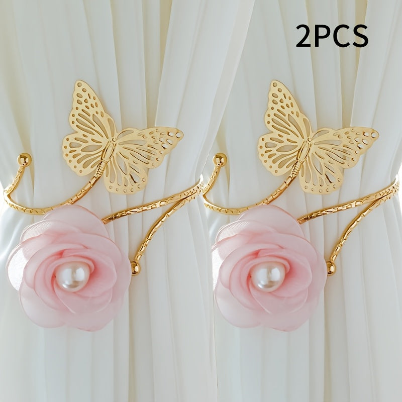 2 ta gullar va kapalaklar bilan bezatilgan minimalistik bo'sh dizayndagi parda bog'ichlari to'plami, yotoqxonangiz yoki yashash xonangizda pardalarni bog'lash uchun mukammal, zamonaviy uy bezaklari uchun.