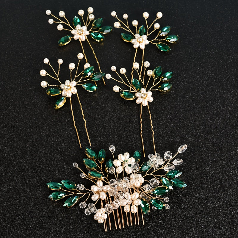 Set of 5 Bohemian Wedding Hair Accessories for Bride Romantic U-Shaped Flower Bead Hair Clips