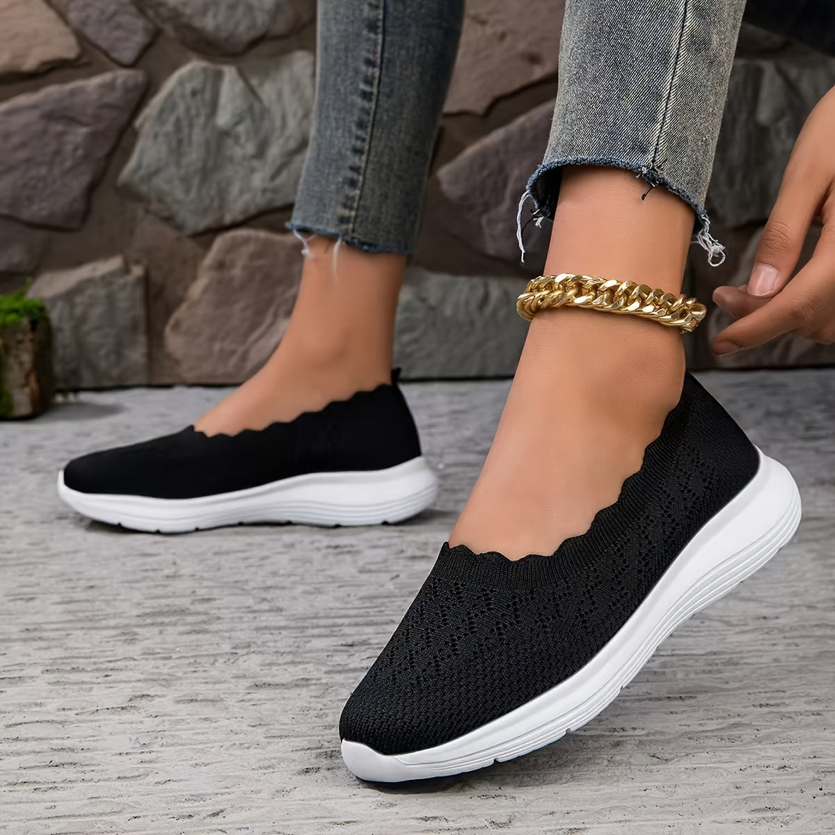 Women Breathable Knit Slip-On Casual Shoes Black White Comfortable Style