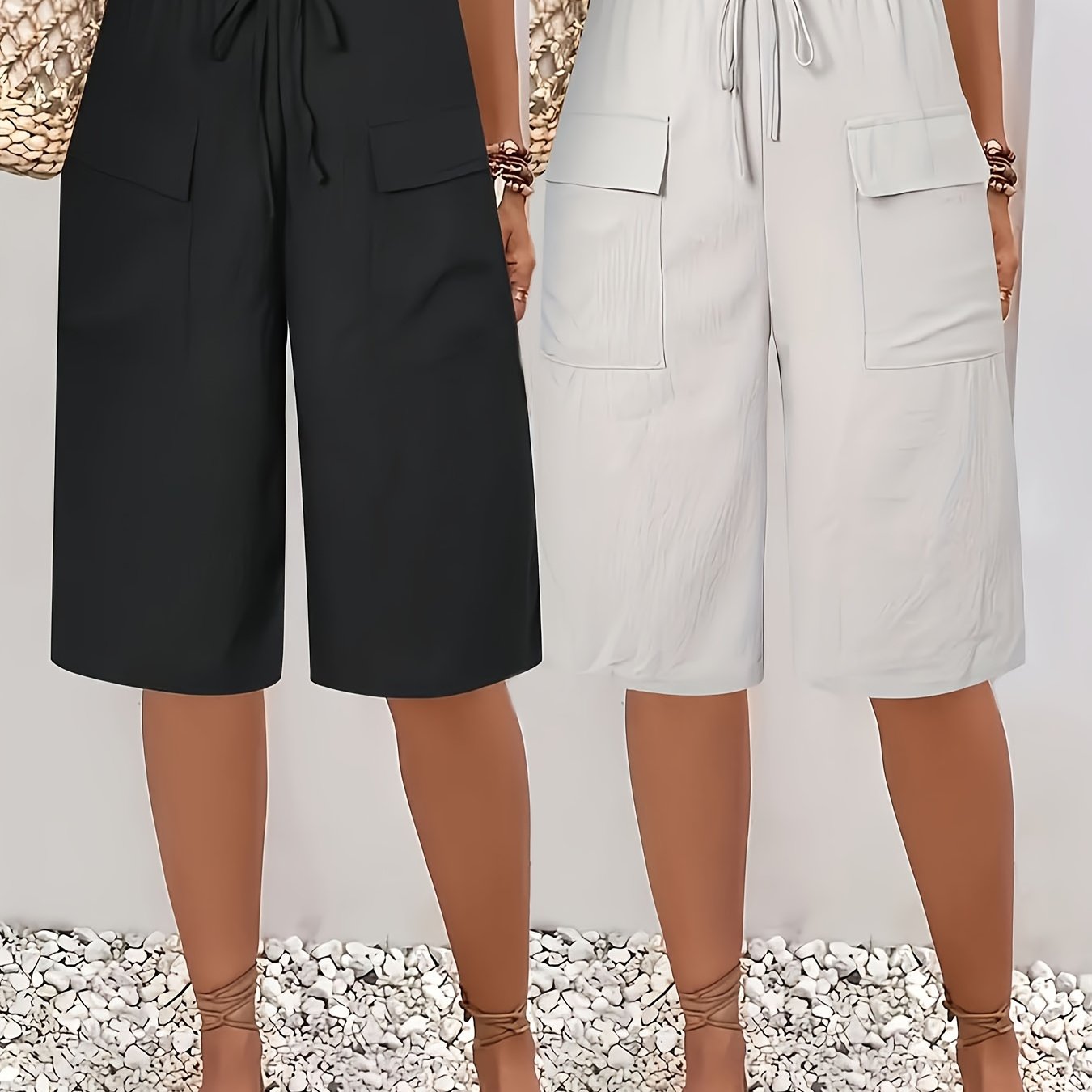 Women's Plus Size Pocket Straight Pants Set Casual Elastic Waist Solid Color