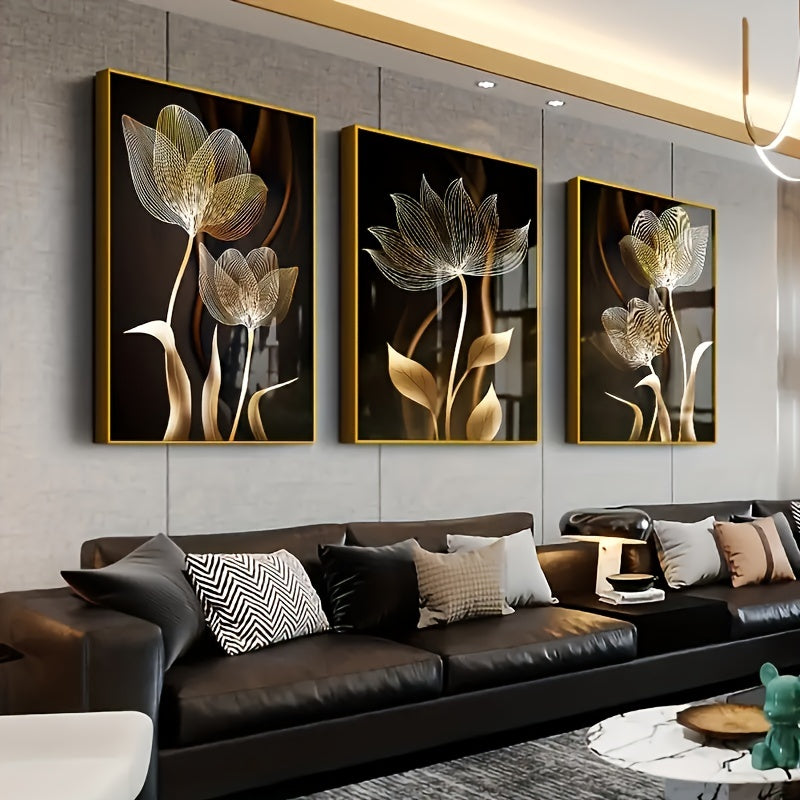 Set of 3 Gold Flower Canvas Wall Art Posters Frameless for Living Room Bedroom Kitchen