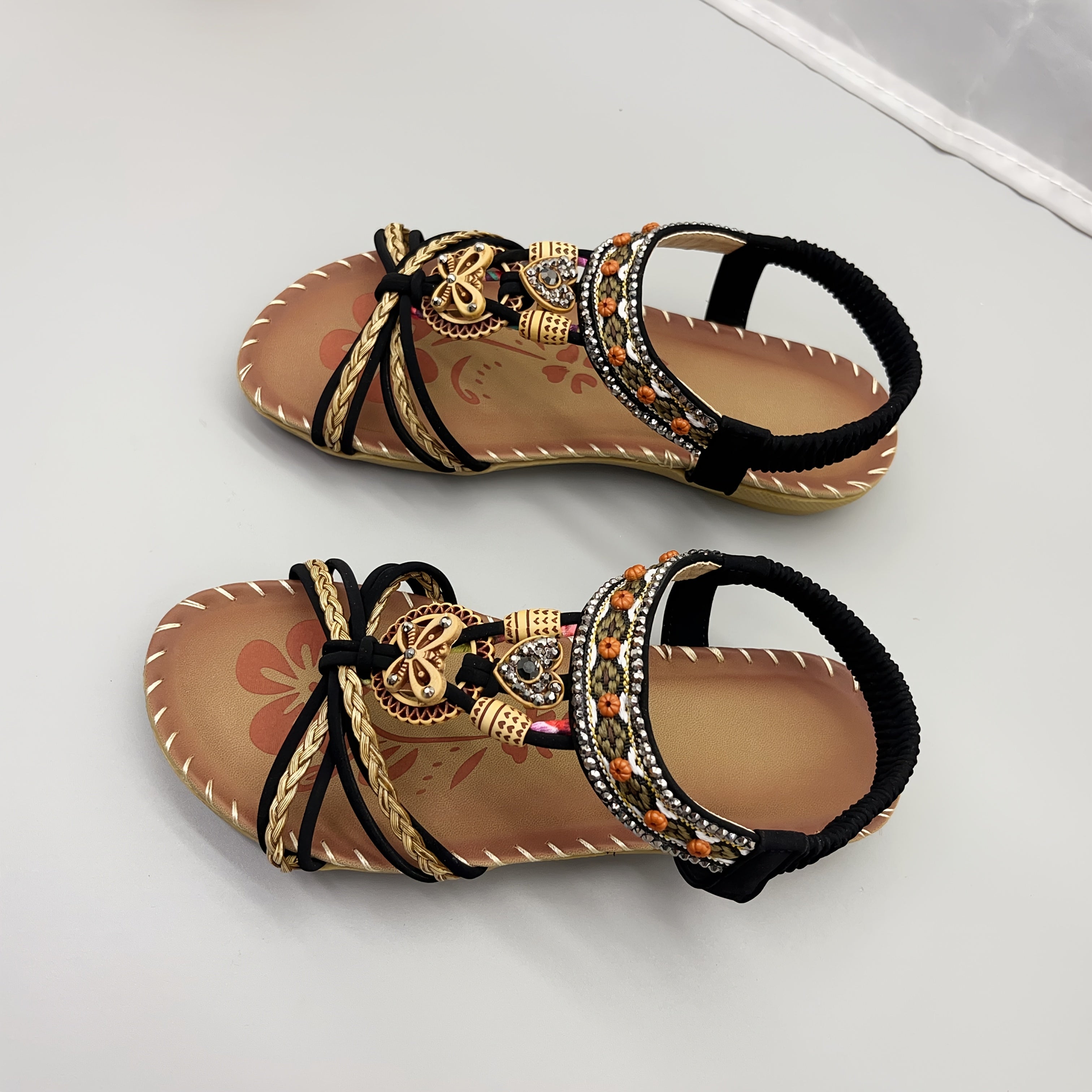 Women Bohemian Flat Sandals Adjustable Ankle Strap Round Toe Black White Orange