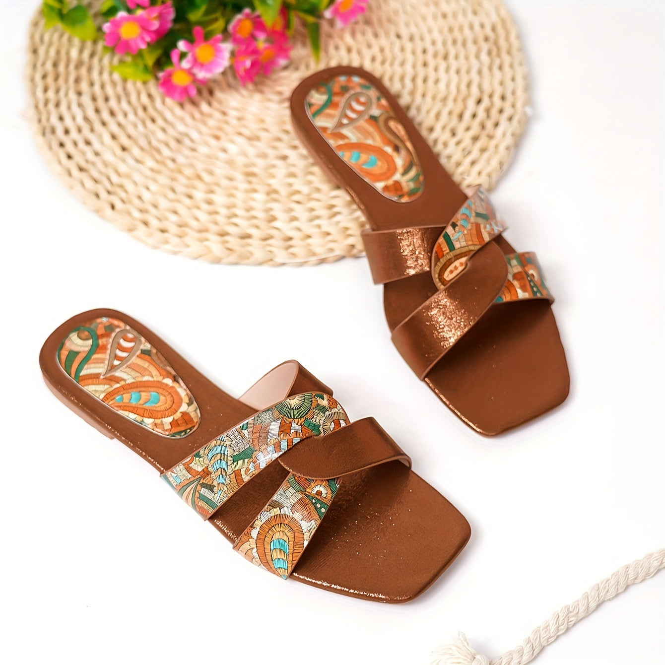 Women's Paisley Pattern Flat Slides with Square Toe Casual Outdoor Beach Sandals