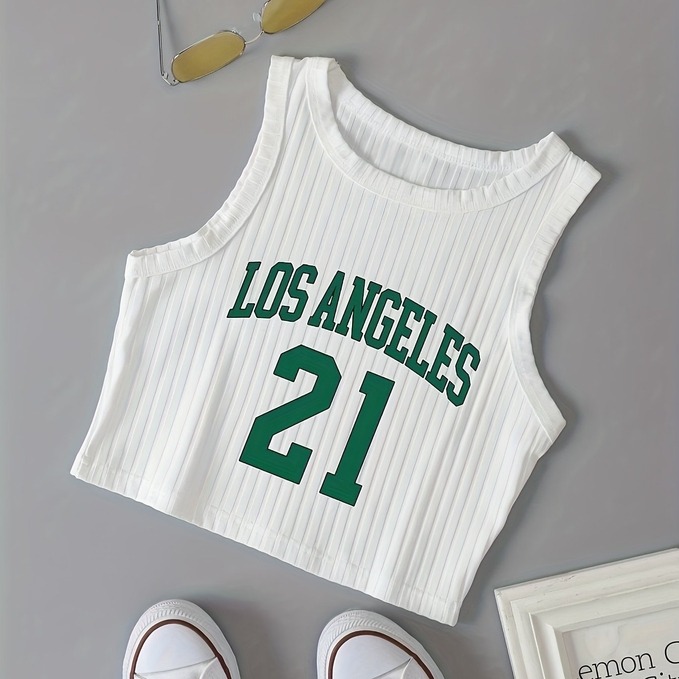 Women's Summer Letter Print Crew Neck Sleeveless Crop Tank Top Cotton Blend