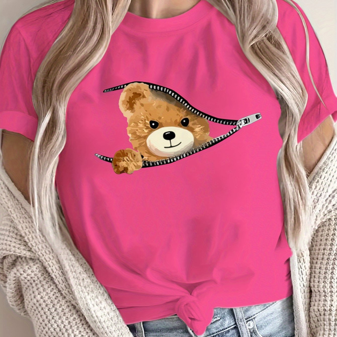 Women's Oversized Graphic T-Shirt Breathable Polyester Teddy Bear Design Loose Fit