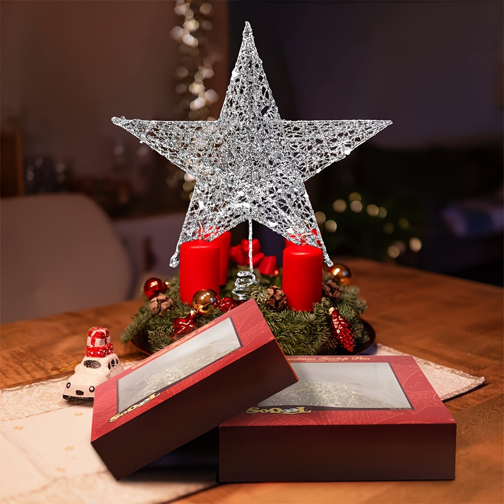 Handcrafted Iron Glitter Star Tree Topper for Christmas and Thanksgiving No-Battery Tabletop or Tree Display Pack of 1