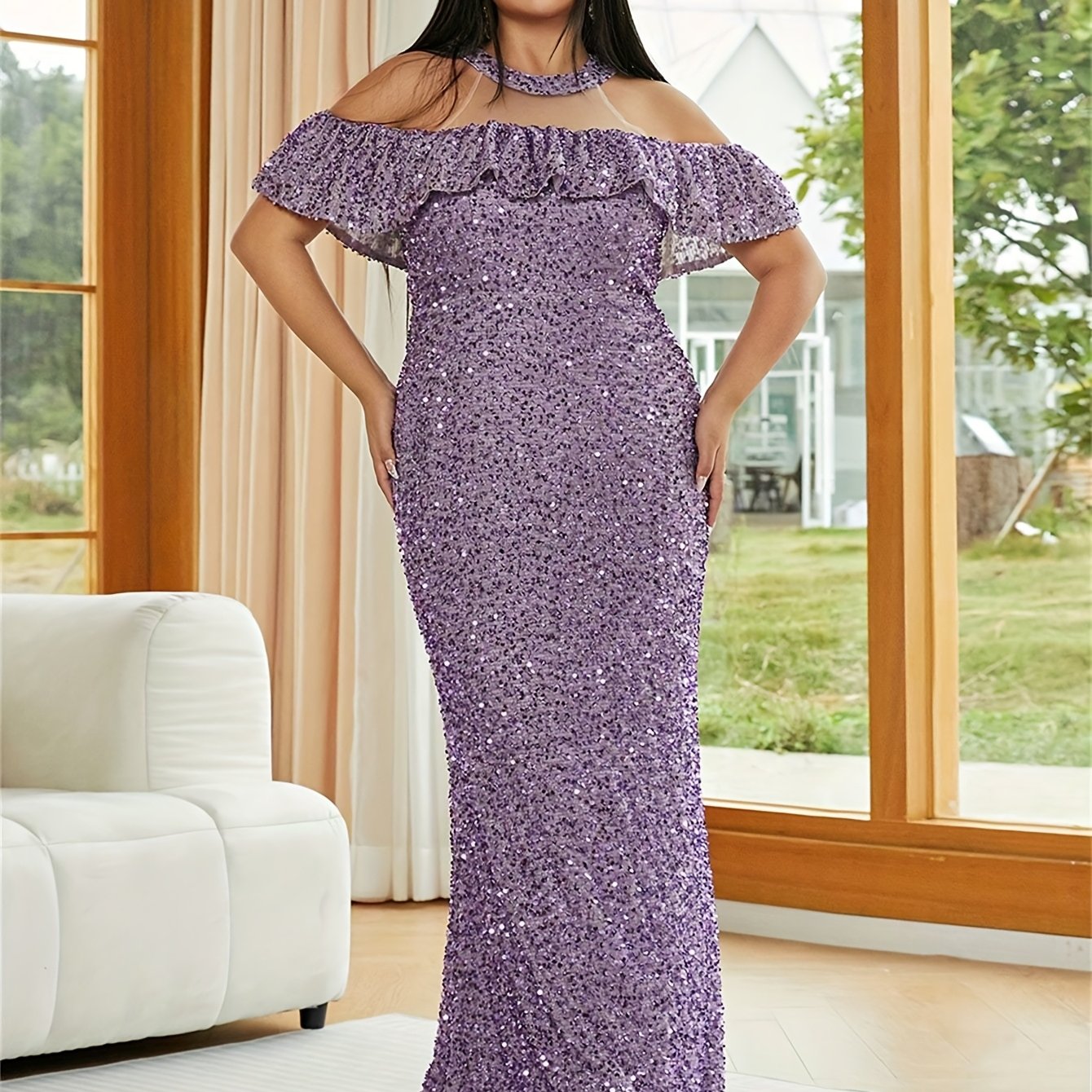 Plus Size Women's Off Shoulder Sequin Halter Dress Ruffle Long Sleeve Purple Evening Gown