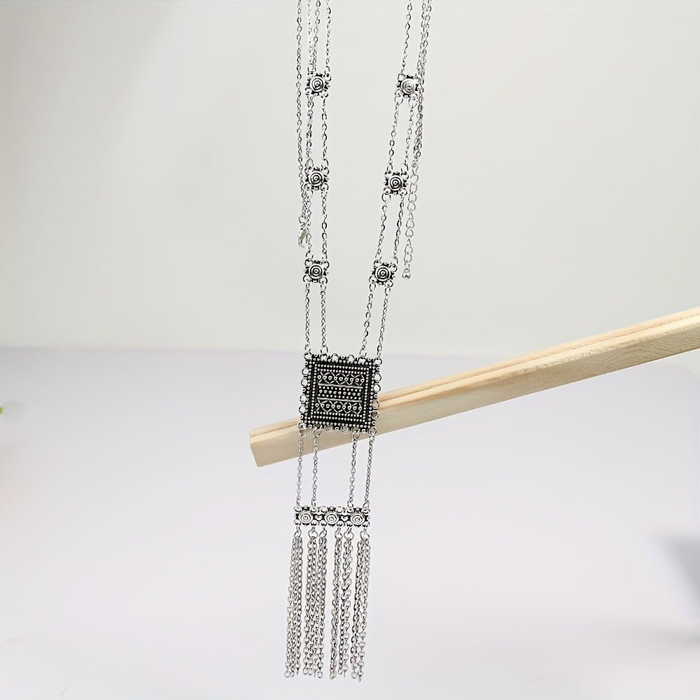 Women's Long Pendant Necklace with Rectangular Pendant and Chain Tassels