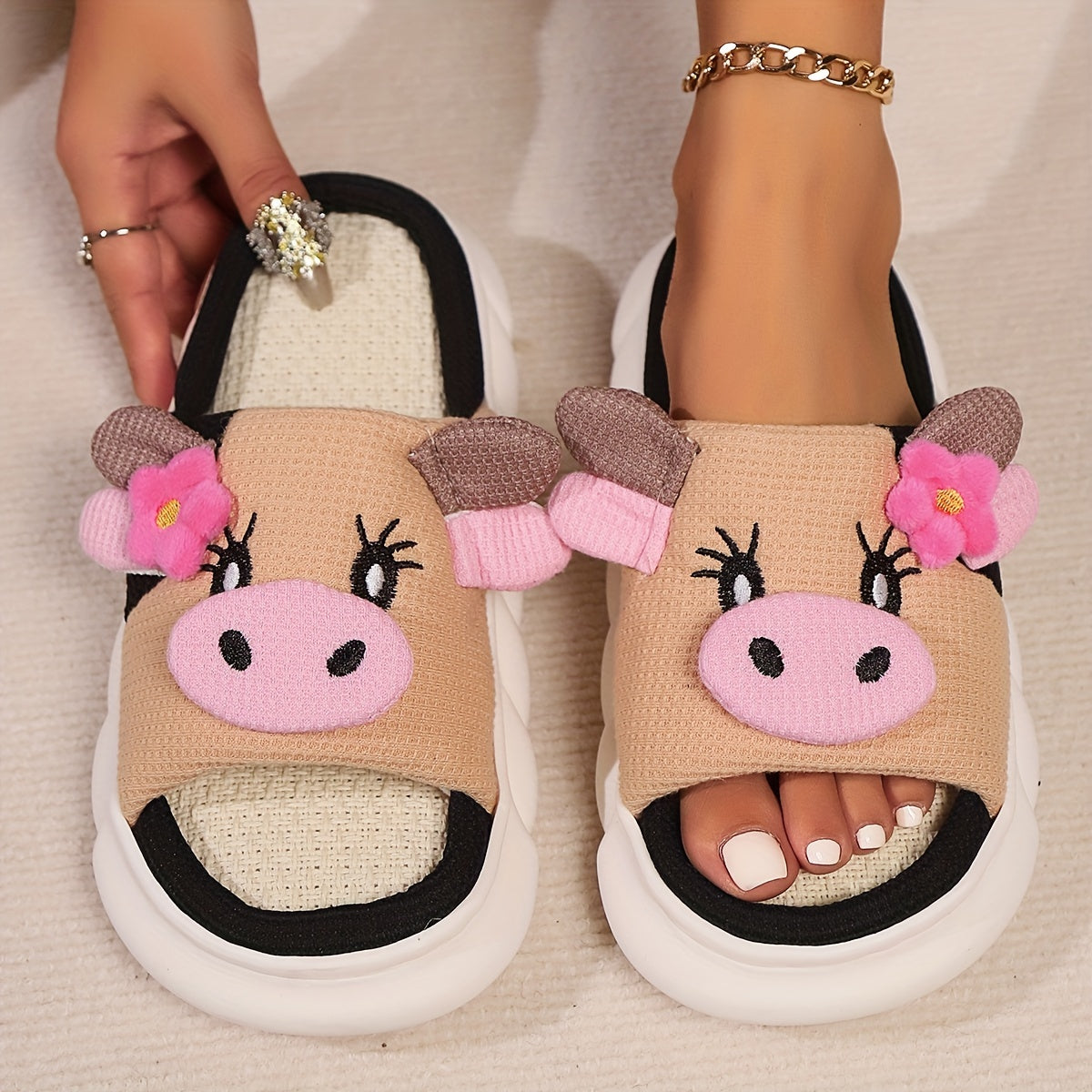 Women's Cow Print Slip-On Slippers Soft Fabric Indoor Outdoor Shoes