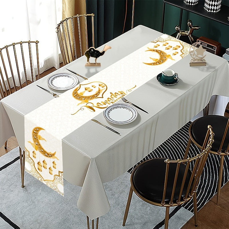 Стильная золотая луна и фонарь, столовая дорожка "Eid Mubarak" - 35x180,01 см, полиэстер, идеально подходит для празднования и декора Рамадан Карим.