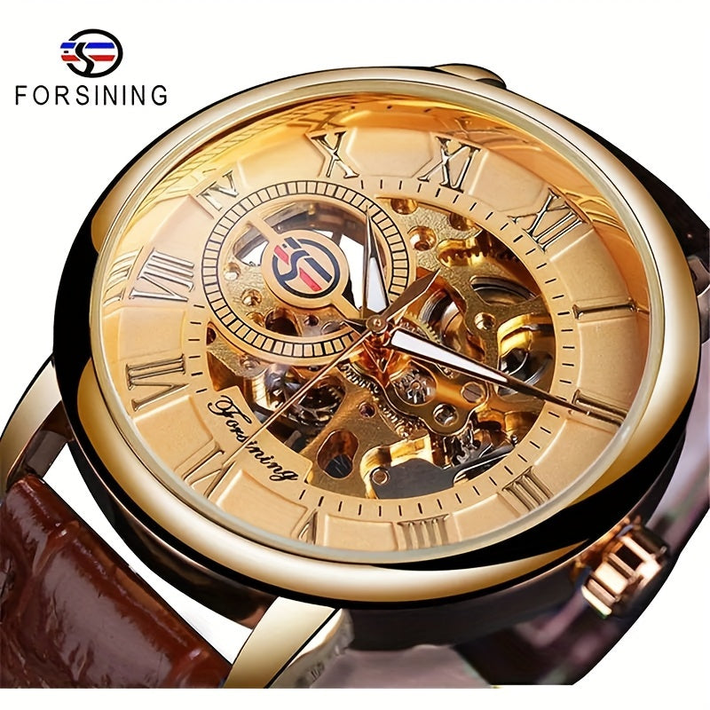 Men's Mechanical Watch with Hollow Design and Leather Strap for Young Men