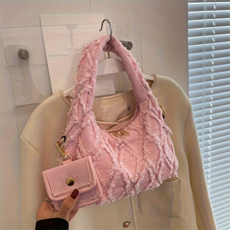 Light Blue Denim Shoulder Bag with Diamond Pattern and Fringe Detail