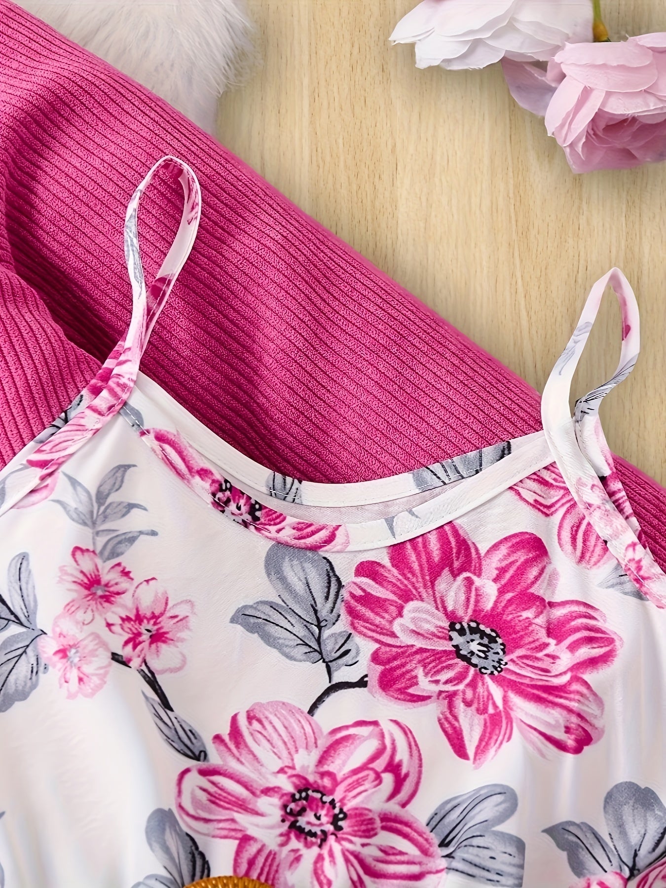 Girls Casual Outfit Set with Ribbed Corduroy Jacket Floral Cami Dress Belt for Spring Fall Outdoor Parties