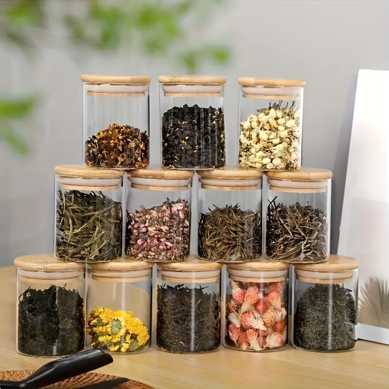 12-Piece Glass Spice Jars Set with Bamboo Airtight Lids Labels 8.5 Oz Kitchen Storage