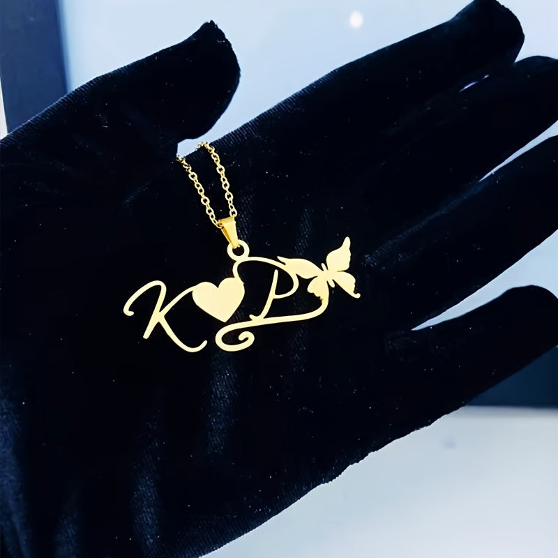 Gold Plated Butterfly Name Necklace for Women Stainless Steel Removable Heart Pendant Jewelry