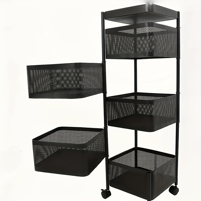 Yig'ish talab qilinmaydigan metall aylanuvchi saqlash aravachasi, 4-qavatli ochiq to'rli savatchalar bilan. Oshxona, ofis yoki uy uchun g'ildirakli aylanuvchi yordamchi arava. Elektr energiyasi yoki batareyalar talab qilinmaydi.