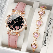 Women's Quartz Watch Set with Love Number Dial and Bracelet, Alloy Case, PU Leather Band
