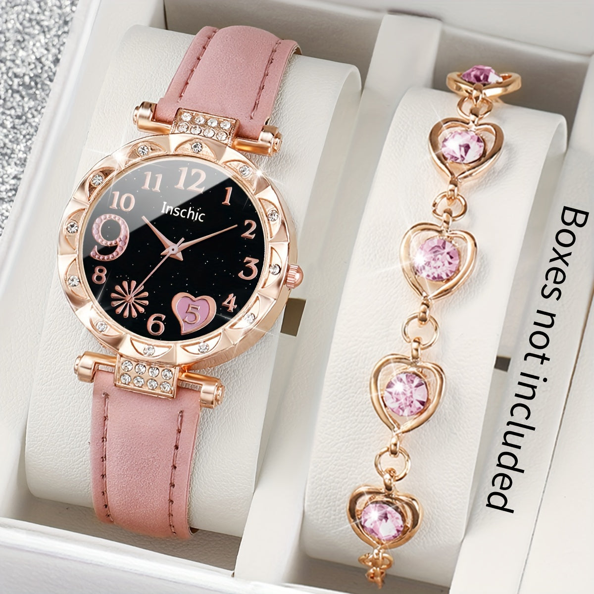 Women's Quartz Watch Set with Love Number Dial and Bracelet, Alloy Case, PU Leather Band