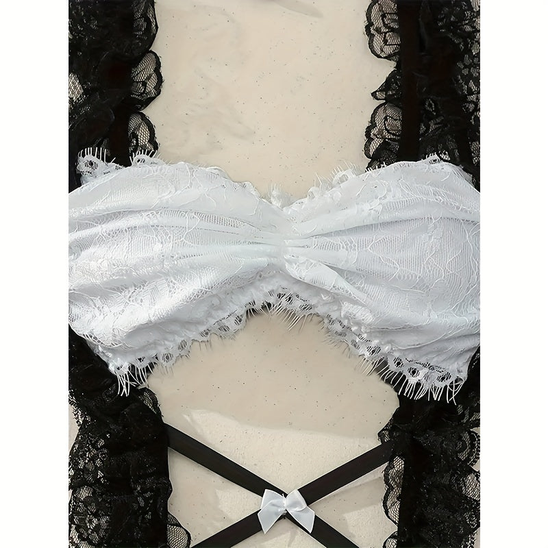 Mesh Teddy Bodysuit Lingerie Set with Lace Trim and Bow Accent