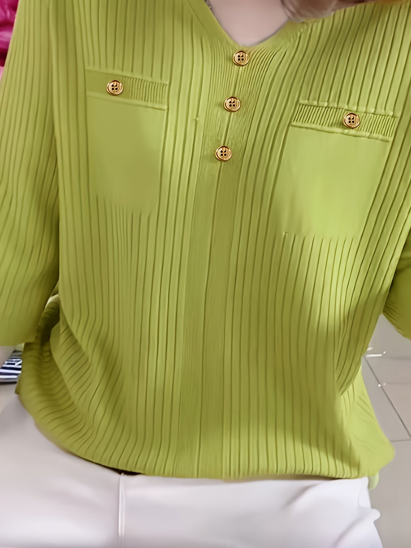 Knitted Top Women Short Sleeve V-Neck Loose Fit Solid Color Casual