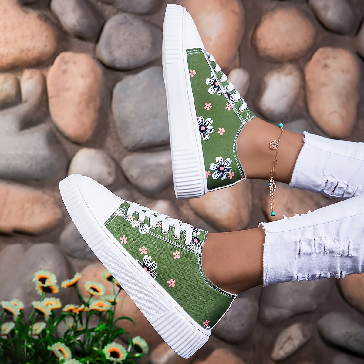 Женские кроссовки из холста на шнуровке, повседневные балетки с цветочным принтом