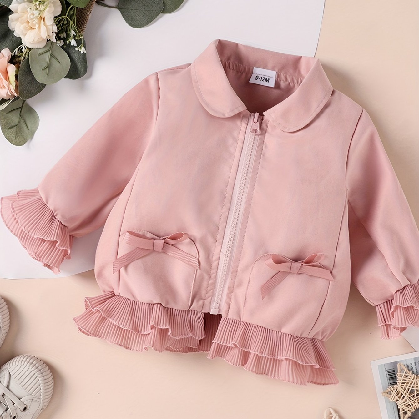 Toddler Girls Beige Zip-Up Jacket with Ruffle Detail for Spring Fall Fashion