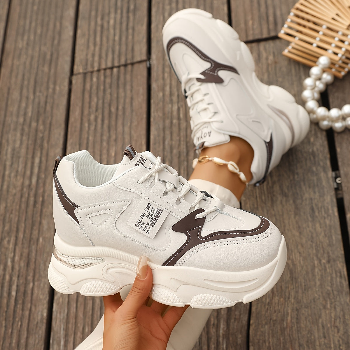 Women's Chunky Sneakers with Wedge Heel Casual Lace-Up Low Top Rubber Sole