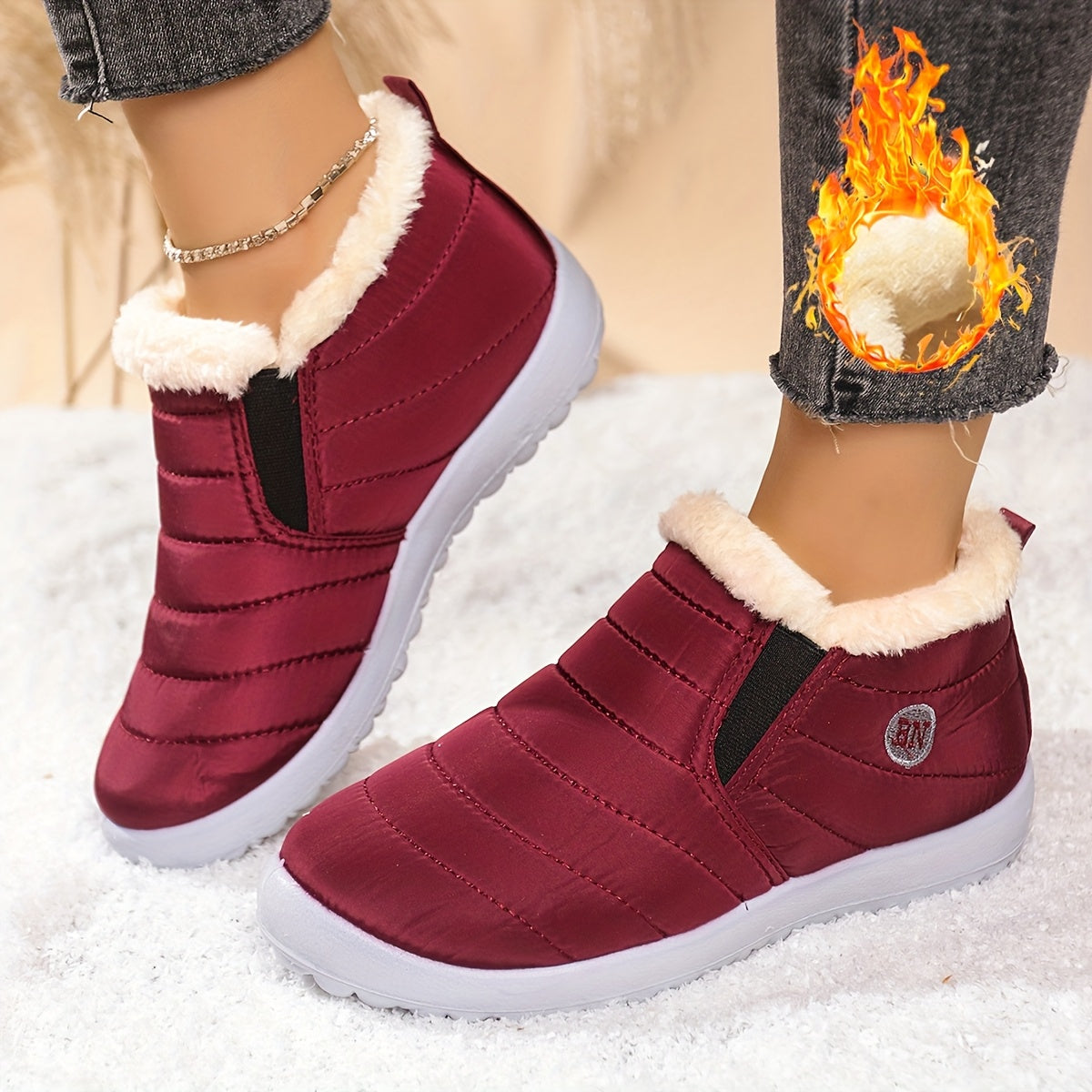 Women's Winter Boots Slip-On Cushioned Insole Non-Slip Sole Burgundy