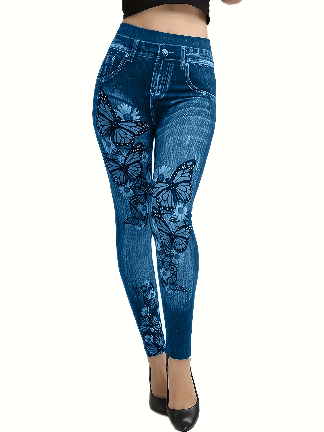 Women's Plus Size Faux Denim Leggings with Floral Print Casual Stretch