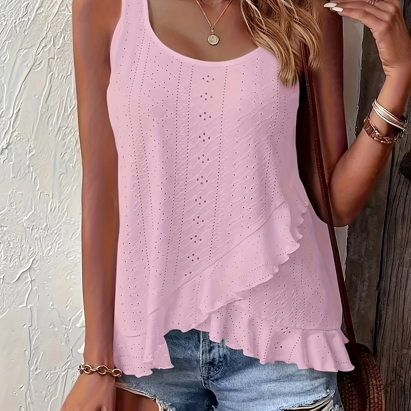 Plus Size Sleeveless Tank Top Ruffled Hem Lace-up Detail Spring Summer Casual