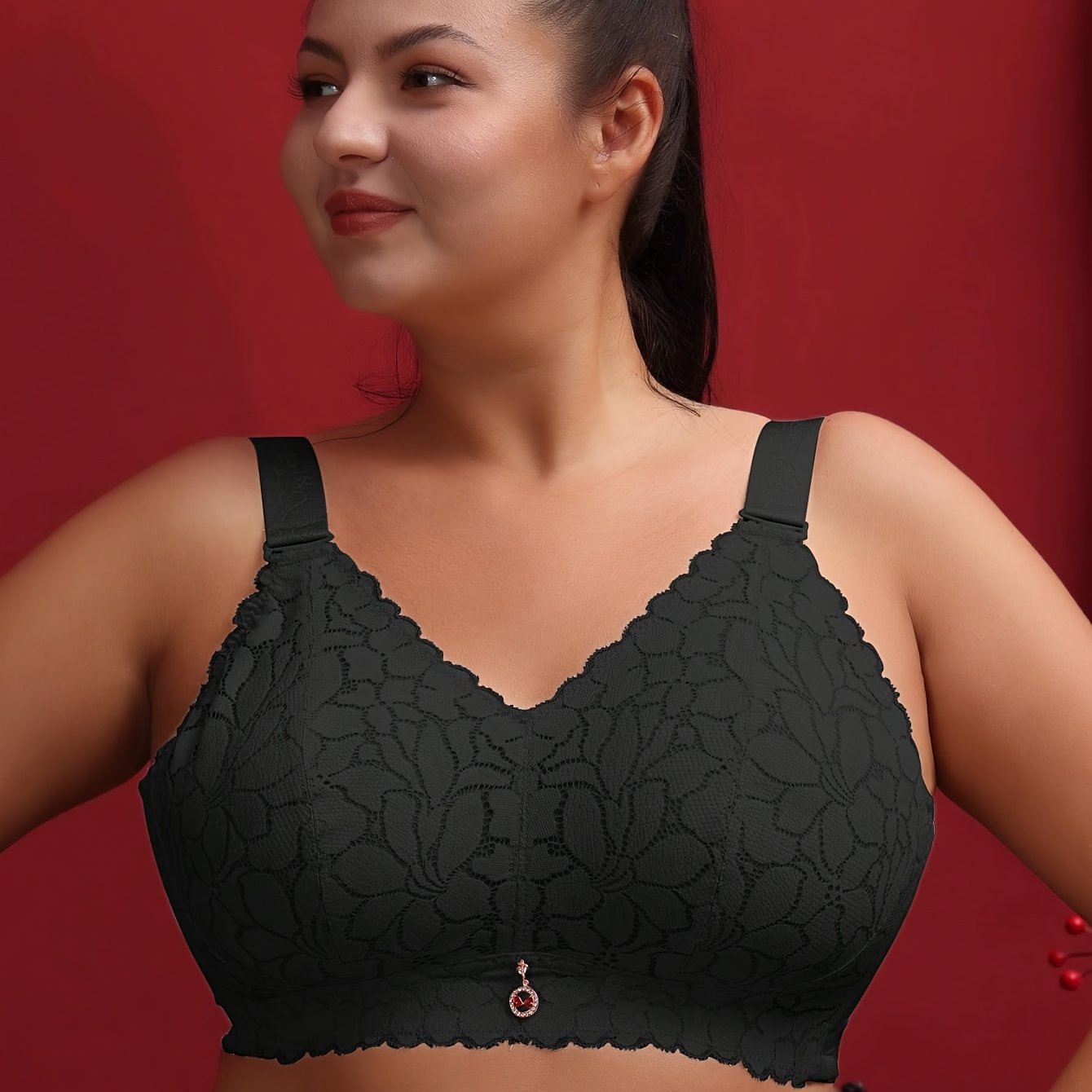 Plus Size Lace Bralette Wireless Floral Print Breathable Slimming Underwear