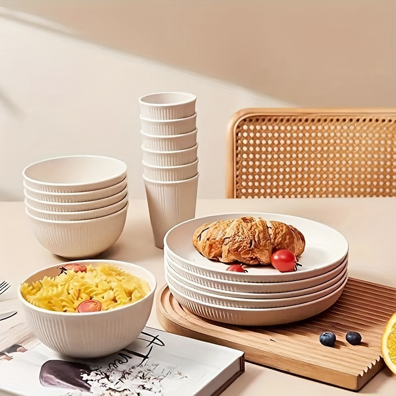 Juego de cubiertos de plástico irrompible de 18 piezas con platos, cuencos y tazas para acampar y en casa