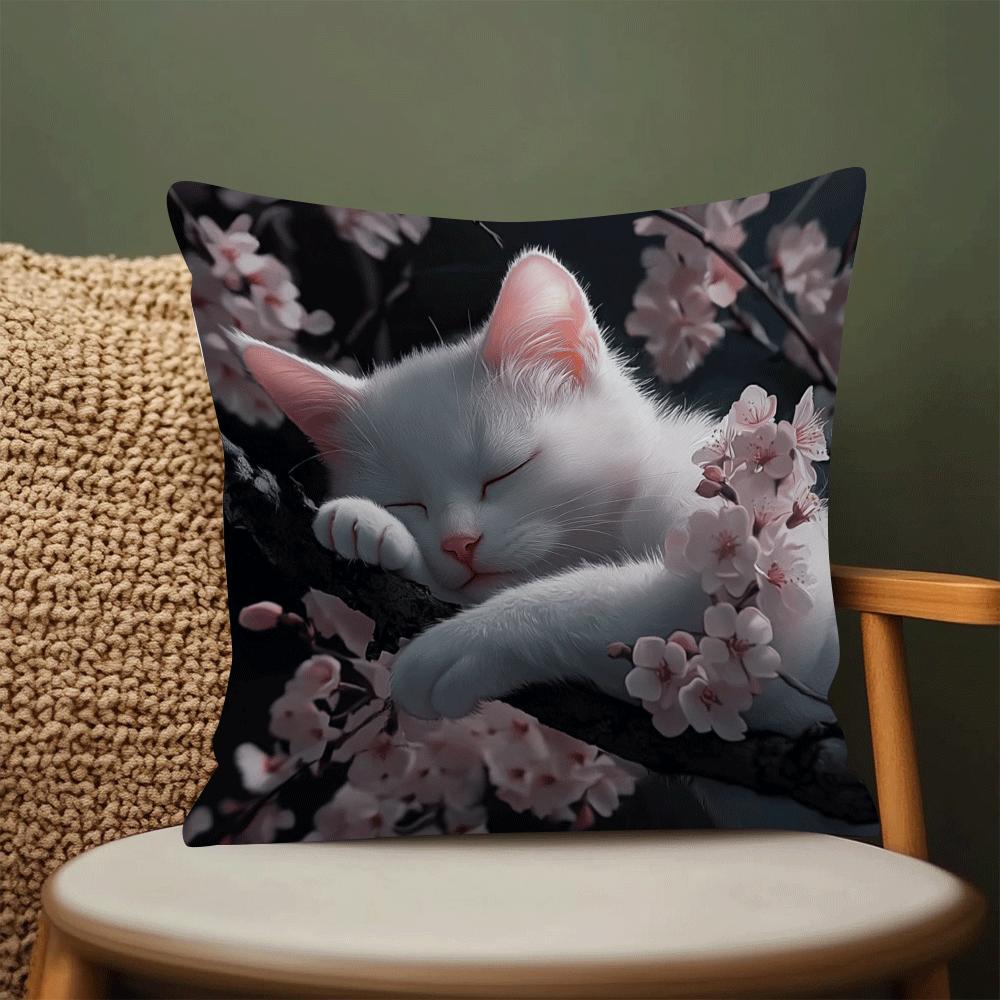 White Cat and Cherry Blossom Cushion Cover 45cm Machine Washable Sofa Bedroom Decor